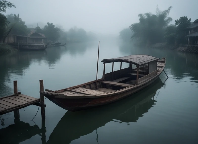 Khung cảnh bến đò sông nước mờ sương mang lại cảm giác cần thận trọng khi di chuyển