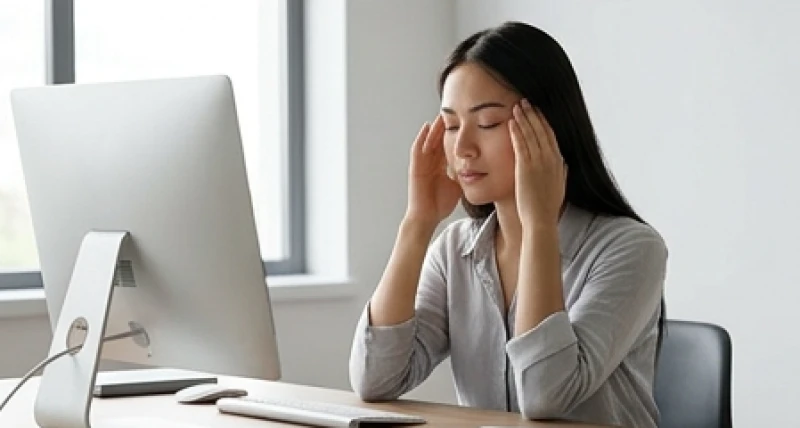 Nhân viên văn phòng nhắm mắt thư giãn và xoa nhẹ thái dương trước màn hình máy tính