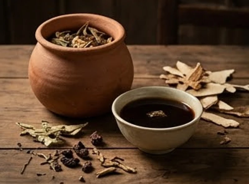 Bát thuốc bắc sắc bằng ấm đất nung tỏa hương thơm dịu nhẹ trong không gian tĩnh lặng