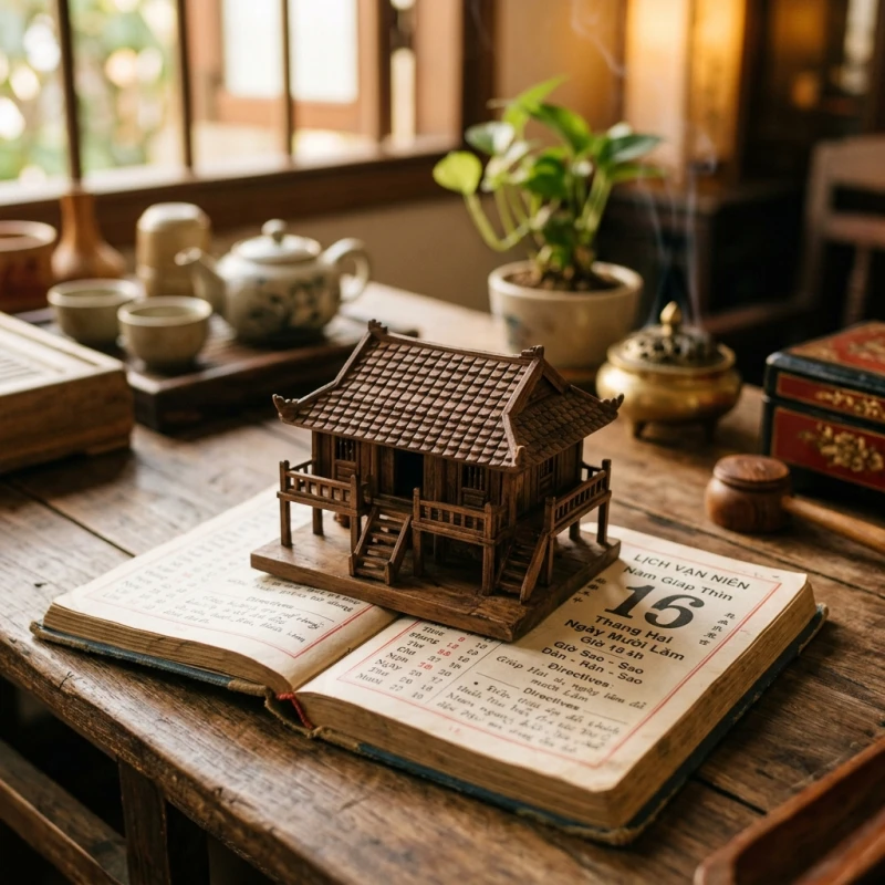 Mô hình ngôi nhà cổ bằng gỗ và lịch vạn niên dùng để xem ngày tháng động thổ