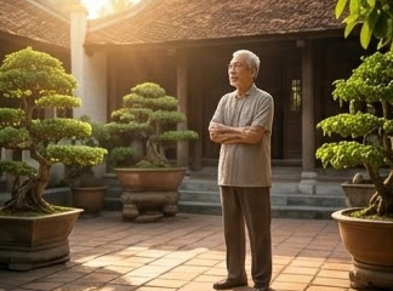 Người đàn ông lớn tuổi đứng trầm ngâm suy nghĩ trước sân nhà ngập nắng