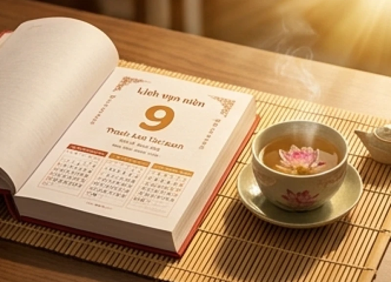 Cuốn lịch vạn niên mở ra bên cạnh tách trà sen nhắc nhở việc theo dõi các chu kỳ vận hạn