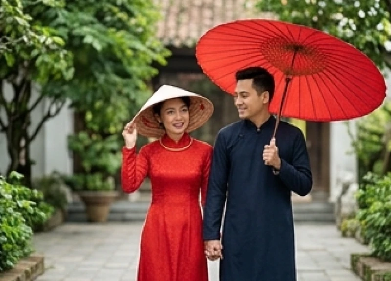 Cô dâu đội nón lá bước đi cùng chú rể che ô đỏ trong khung cảnh yên bình ngoài trời