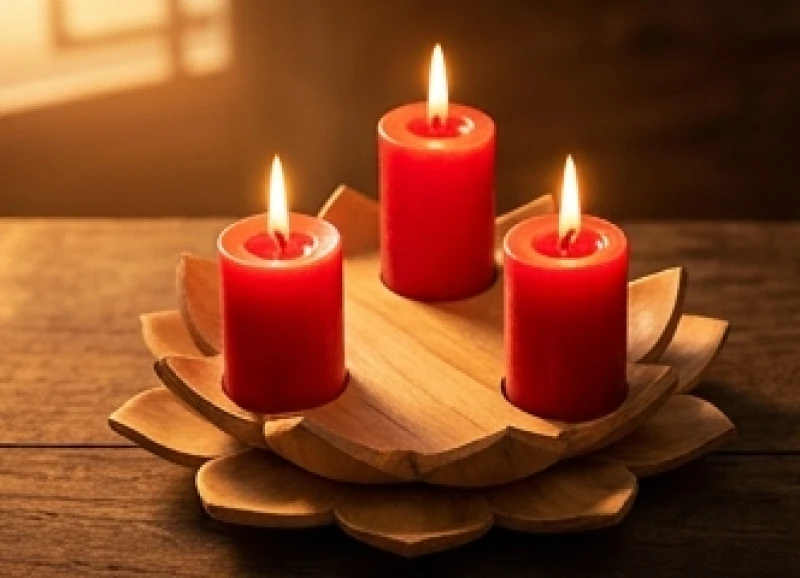 Ba ngọn nến đỏ cháy sáng xen kẽ trên đài sen gỗ minh họa cho ba năm liên tiếp của chu kỳ hạn Tam Tai