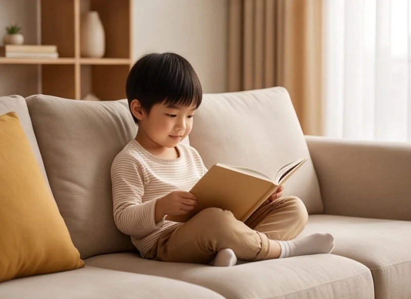 Bé trai ngồi đọc sách bình yên trên chiếc ghế sofa êm ái trong không gian phòng khách ấm cúng