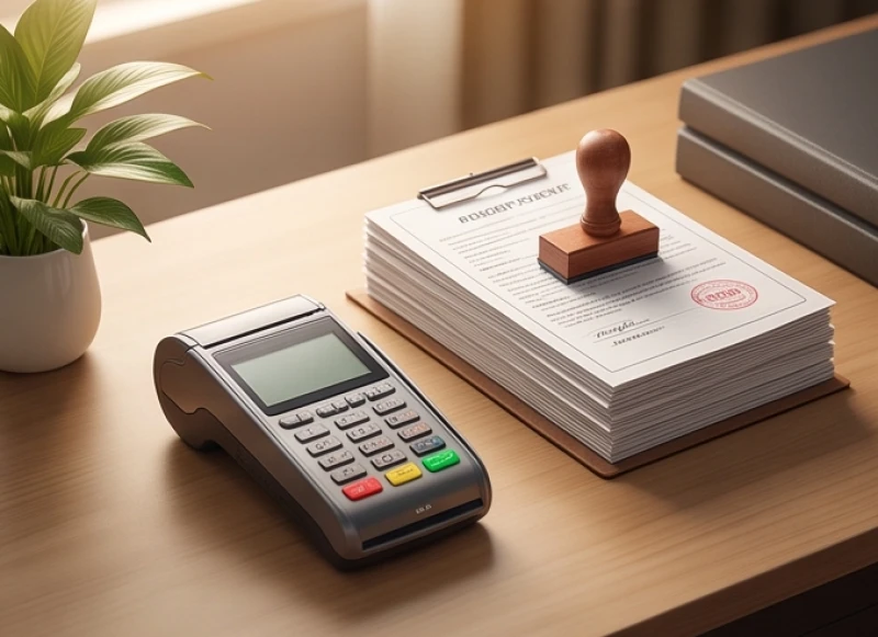Hệ thống máy móc kinh doanh nhỏ và những giấy tờ thuế được kẹp cẩn thận trên bàn