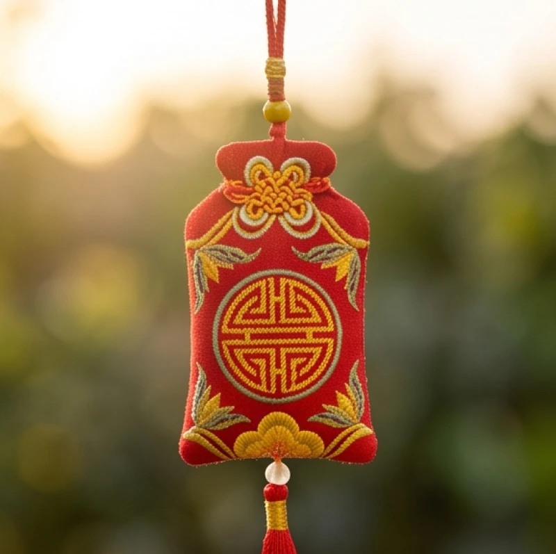 Bùa bình an thêu tay bằng chỉ đỏ treo trên xe hơi mang ý nghĩa cầu mong sự an toàn
