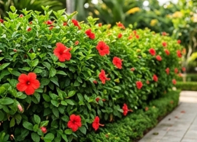 Cây trồng ngoài sân hợp tuổi Ngọ: Chọn cây chịu nắng và vị trí 8 Hàng rào cây dâm bụt lá xanh thẫm xen lẫn những bông hoa đỏ rực bao quanh khu vườn tạo nên sinh khí mạnh mẽ