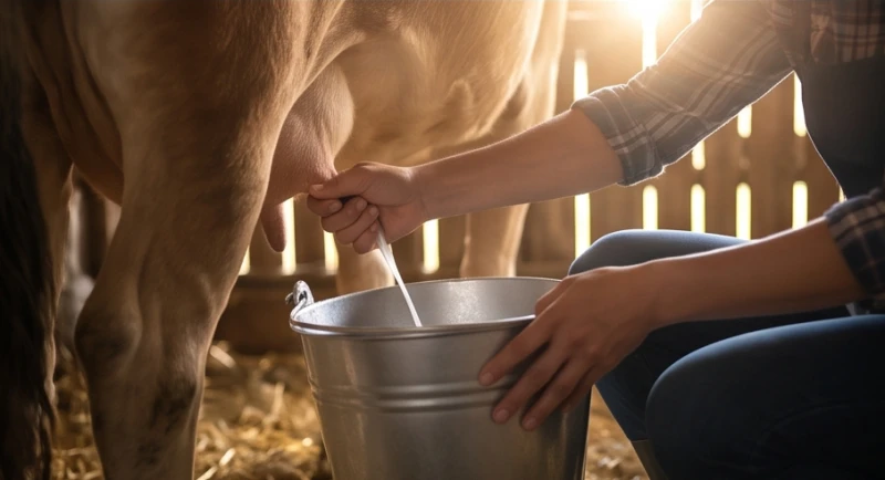 Mơ thấy bò là điềm báo gì: Giải mã chi tiết và mẹo hóa giải 6 Đôi bàn tay khéo léo đang thực hiện thao tác vắt sữa bò vào chiếc xô nhôm vắt sữa