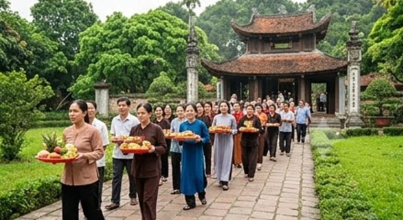 Khung cảnh hàng dài người dân thành tâm ôm mâm lễ đi bộ vãn cảnh và chiêm bái tại đền Sòng Sơn