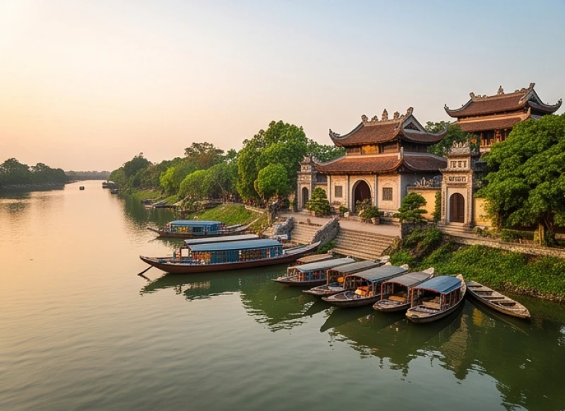 Khung cảnh thanh bình bên ngoài đền thờ ven dòng sông Lam tĩnh lặng