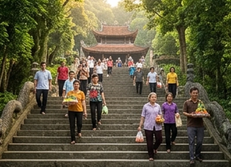 Văn khấn tại Đền Hùng: Bài khấn từng đền và lộ trình dâng hương 1 Dòng người hành hương chậm rãi bước lên các bậc đá hướng về các đền trên núi Nghĩa Lĩnh