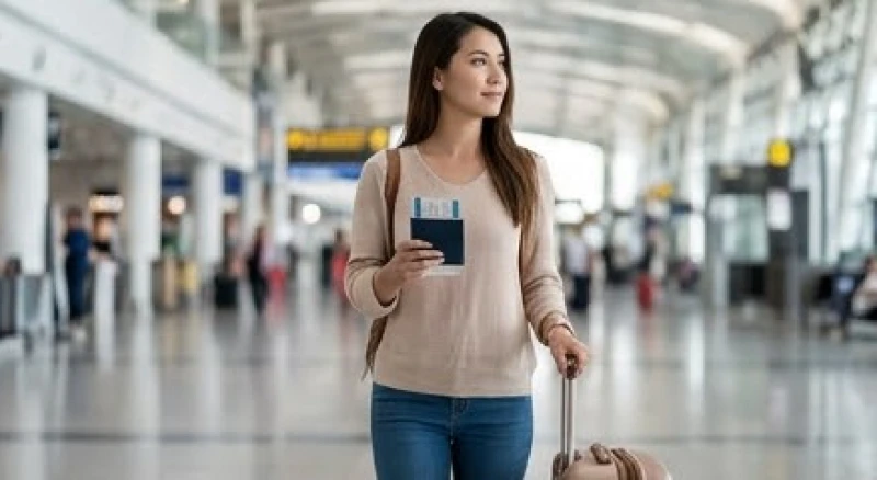 Mơ thấy đi máy bay: Giải mã điềm báo, con số và mẹo ổn định tâm lý 3 Người phụ nữ cầm tấm vé máy bay và hành lý đứng giữa phòng chờ sân bay nhộn nhịp