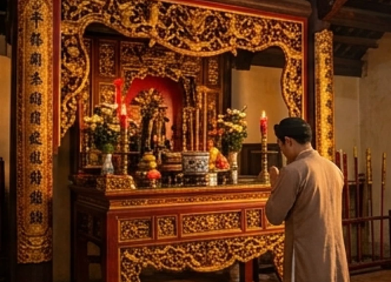 Người đi lễ chắp tay thành tâm bái vọng trước khu vực ban Công Đồng của nhà đền