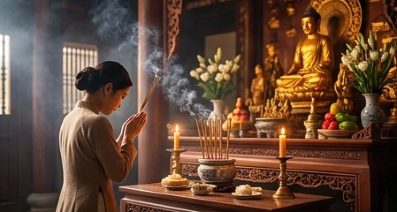 Người đi lễ thắp hương bái vọng trang nghiêm tại ban Công Đồng Tứ Phủ bên trong đền