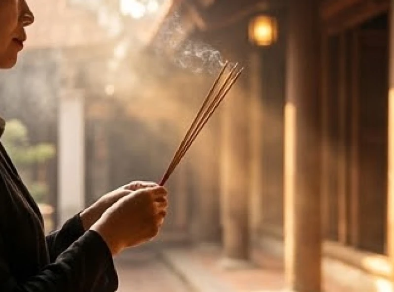 Người hành lễ chắp tay trang nghiêm đọc văn khấn tại không gian đền Bà Chúa Kho
