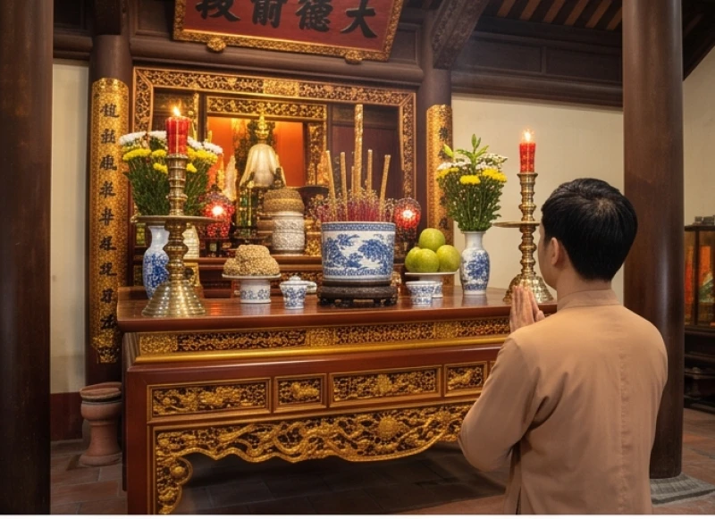 Người đi lễ chắp tay trang nghiêm đọc văn khấn ngày tiệc Mẫu Sòng Sơn trước ban thờ