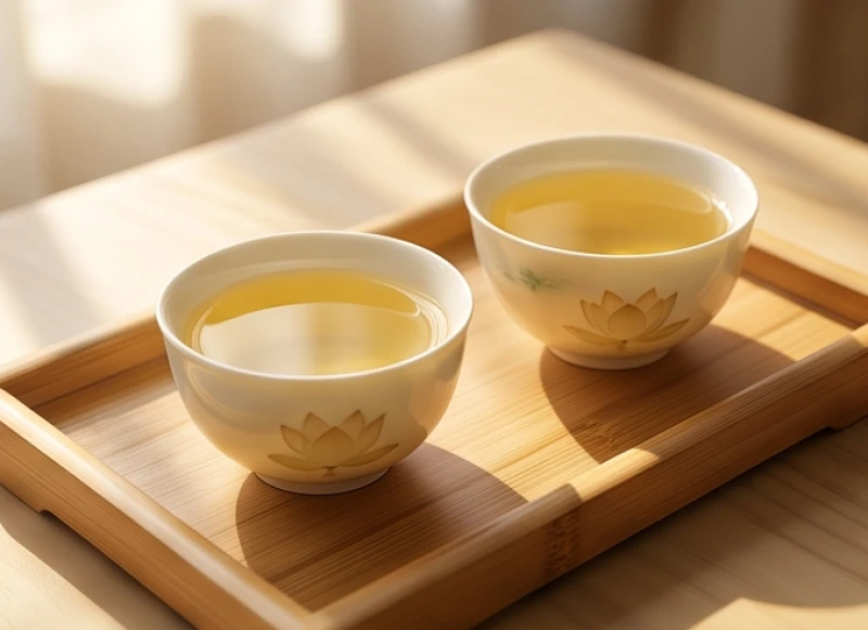Đôi chén trà sen thanh tao đặt cạnh nhau trên chiếc bàn tre nhỏ biểu thị sự hòa hợp