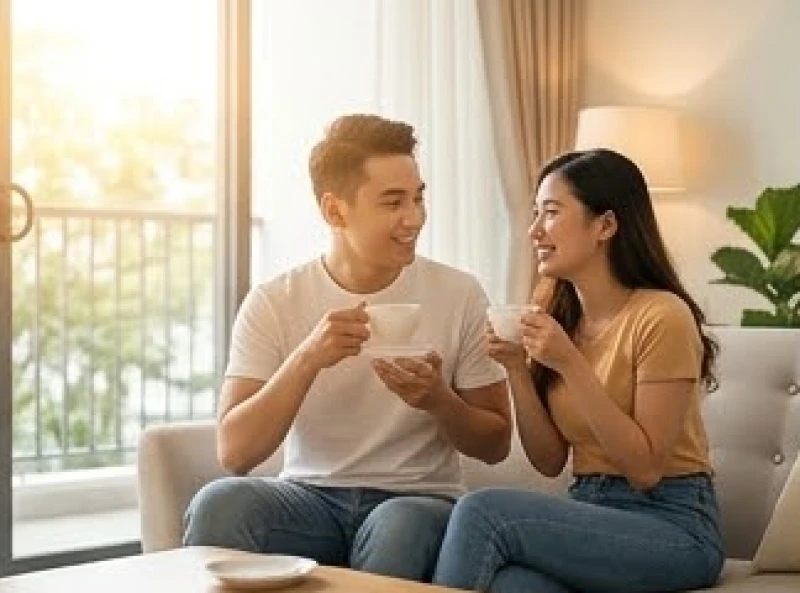 Cặp đôi vui vẻ tượng trưng cho tình duyên tuổi Tuất năm 2026 khởi sắc rực rỡ