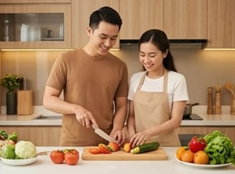 Tình duyên tuổi Hợi năm 2027: Lộ trình 12 tháng và phong thủy 1 Vợ chồng vui vẻ cùng nhau chuẩn bị bữa tối trong không gian bếp hiện đại và ấm cúng