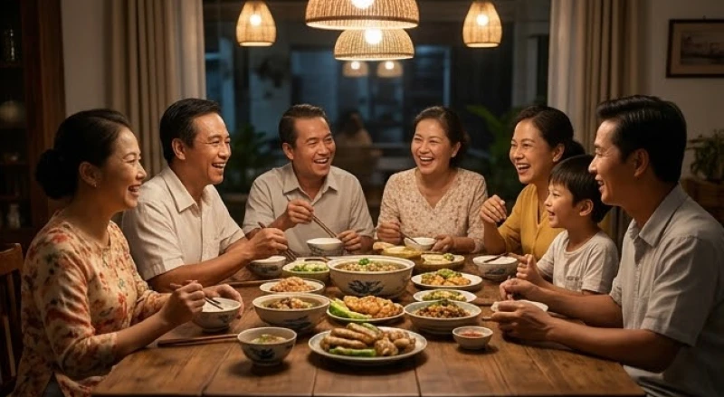 Tuổi Mão hợp kết hôn với tuổi nào: Chuẩn can chi nam nữ 13 Bữa cơm gia đình ấm cúng với những món ăn truyền thống, mọi người cùng nâng ly mỉm cười hạnh phúc.