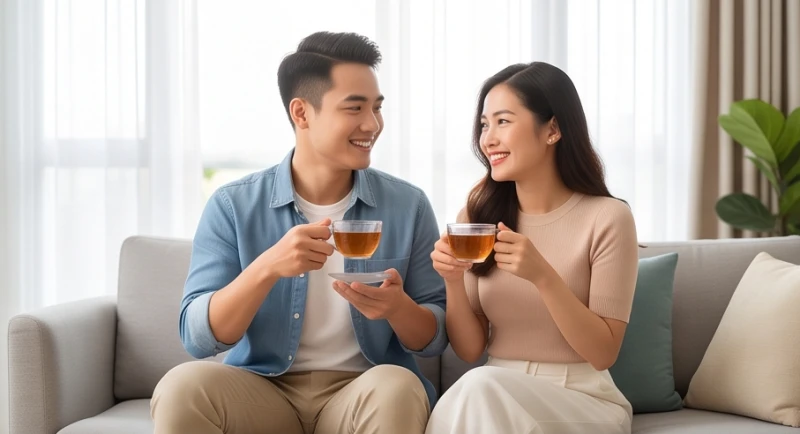 Tình duyên tuổi Mùi năm 2026: Chi tiết từng tuổi và lịch cưới 1 Vợ chồng trẻ mỉm cười uống trà cùng nhau trong không gian phòng khách ấm cúng tràn ngập ánh sáng