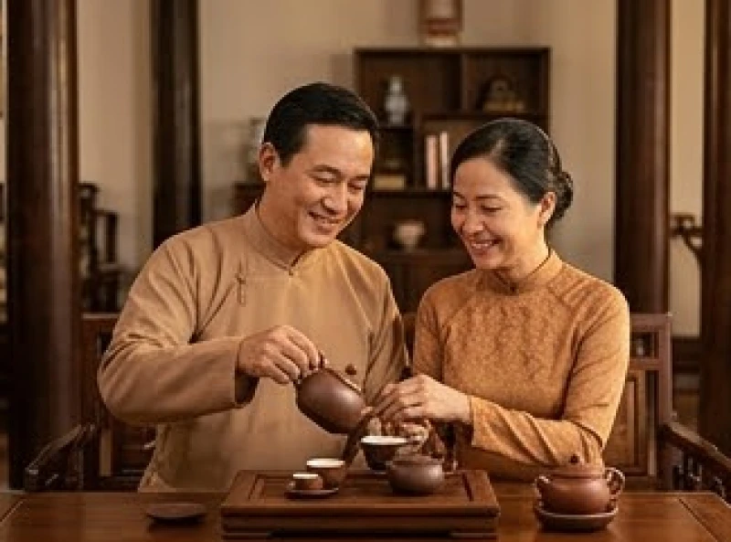 Tình duyên tuổi Mùi: Giải mã theo nạp âm và phong thủy hóa giải 4 Cặp vợ chồng trung niên vui vẻ cùng nhau pha trà trong không gian phòng khách mang đậm nét truyền thống