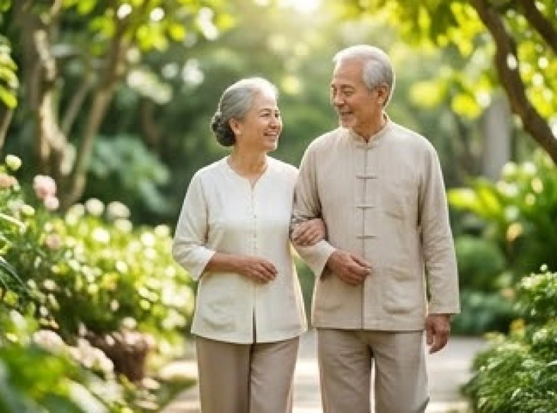 Đôi vợ chồng lớn tuổi mỉm cười hạnh phúc bên nhau trong không gian sân vườn ngập tràn ánh nắng
