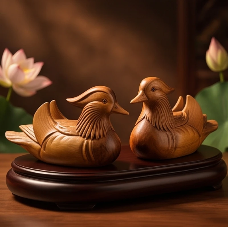 Cặp chim uyên ương bằng gỗ được chạm khắc tinh xảo tượng trưng cho sự hòa hợp lứa đôi