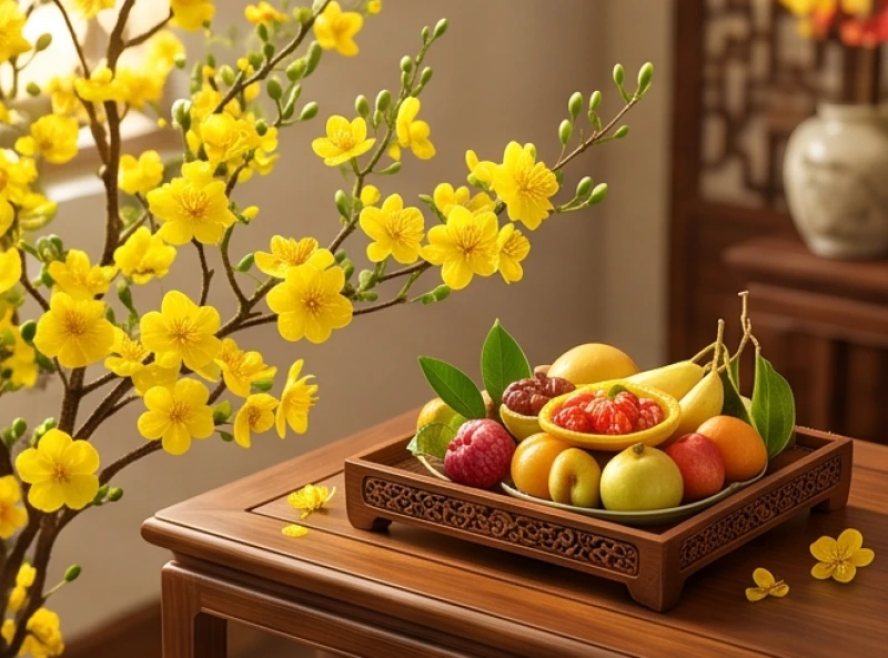 Cành mai vàng khoe sắc bên mâm quả ngày tết tượng trưng cho hạnh phúc gia đình trọn vẹn và viên mãn