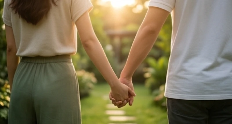 Hai vợ chồng nắm tay nhau dạo bước dưới bóng cây xanh mát, tượng trưng cho gia đạo bình an và viên mãn