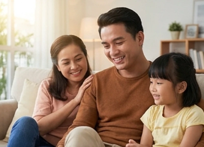 Người đàn ông hạnh phúc bên gia đình nhỏ của mình vào dịp cuối tuần
