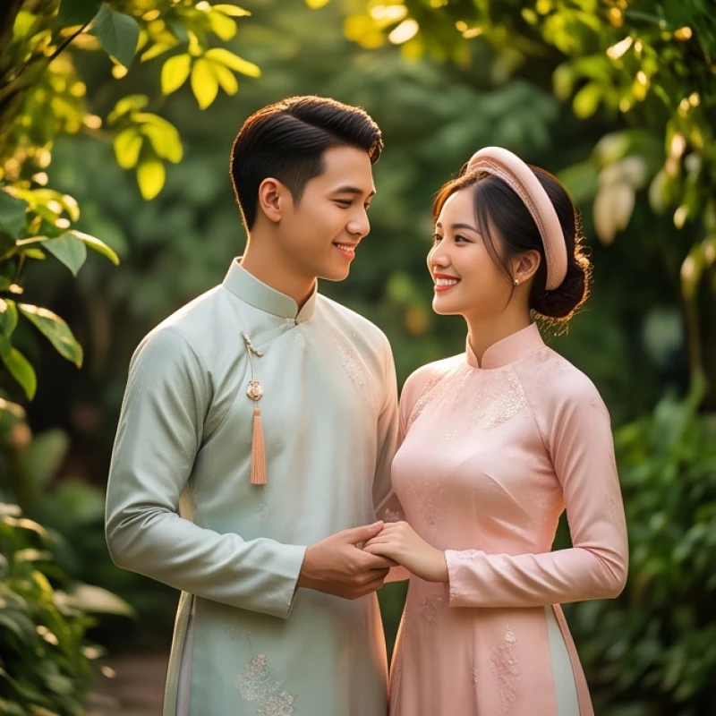Cặp đôi trẻ hạnh phúc trong tà áo dài cưới, biểu tượng cho tình yêu đẹp của thế hệ tuổi Bính Tuất 2006