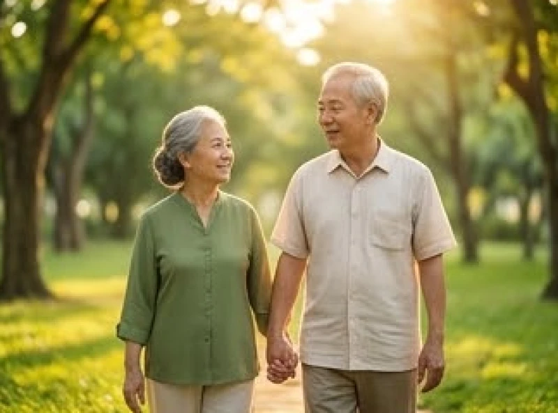 Đôi vợ chồng già nắm tay nhau dạo bước dưới tán cây xanh mát trong buổi chiều tà