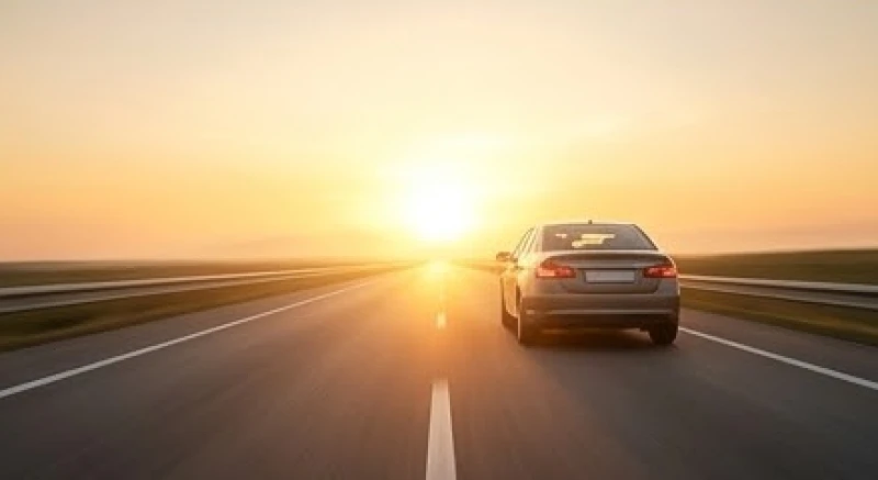 Chiếc ô tô chạy trên cung đường vắng ngập tràn ánh nắng hoàng hôn ấm áp hướng về phía chân trời