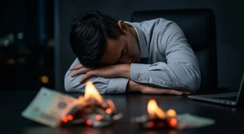 Mơ thấy tiền bị cháy điềm gì: Giải mã theo chất liệu và bản mệnh 6 Một người mệt mỏi gục đầu xuống bàn bên cạnh những tờ tiền vừa bị cháy xém
