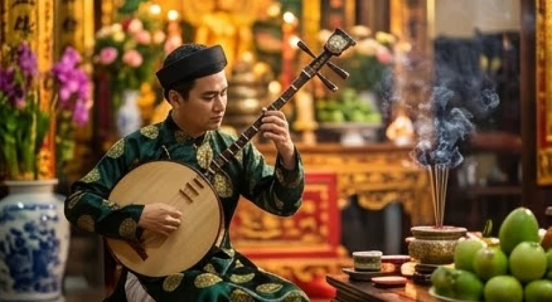 Văn khấn Đền Cô Bé Chí Mìu: Bài xin lộc, lễ tạ chuẩn nghi thức 6 Cung văn gảy đàn nguyệt và hát chầu văn dâng Cô Bé Chí Mìu trong không gian đền