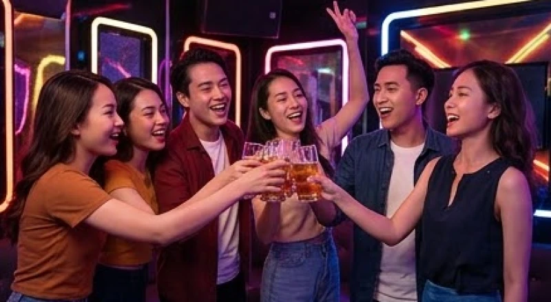 Nhóm bạn trẻ đang nâng ly chúc mừng và hòa giọng ca hát vui vẻ trong không gian phòng hát ngập tràn màu sắc