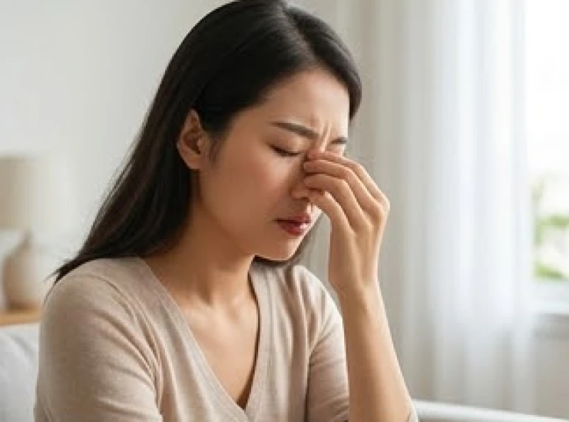 Nhảy mũi ở nữ là điềm gì: Tra cứu theo giờ và phân biệt nam nữ 4 Cô gái tỏ vẻ mệt mỏi và xoa nhẹ vùng sống mũi sau khi hắt hơi nhiều lần liên tiếp