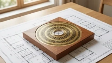 La bàn phong thủy và đồ hình hậu thiên bát quái đặt trên bản vẽ mặt bằng nhà ở