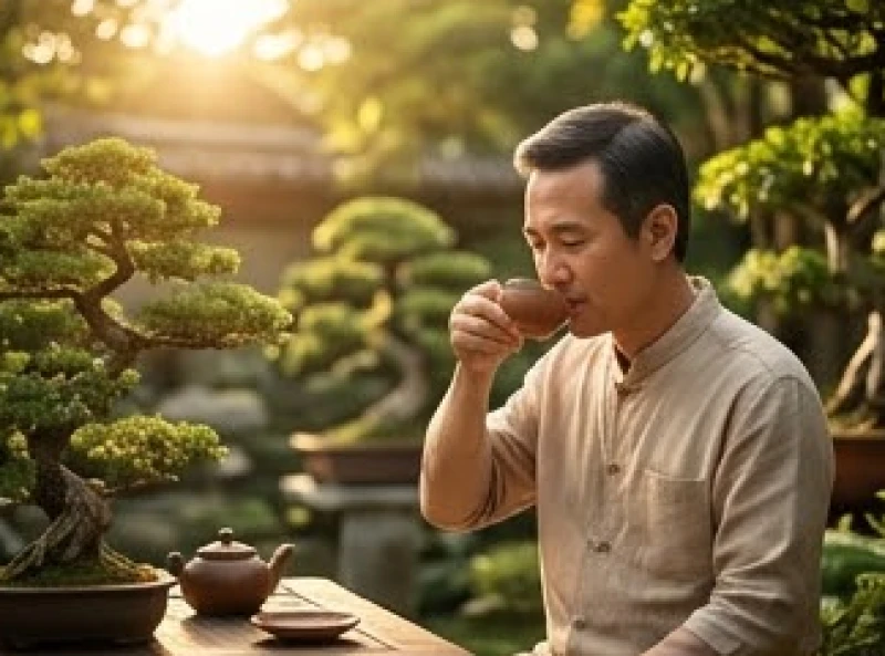 Người đàn ông trung niên đang thảnh thơi thưởng trà trong không gian sân vườn cổ kính