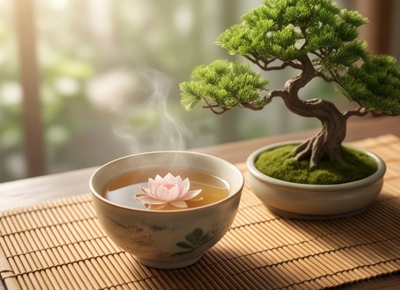 Một tách trà sen nóng hổi bốc khói nhẹ bên cạnh chậu bonsai xanh tốt