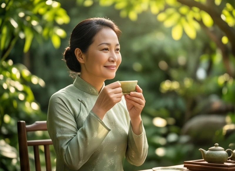 Tử vi trọn đời tuổi Nhâm Tý 1972 nữ mạng: Vận hạn và cách hóa giải 5 Một người phụ nữ trung niên đang mỉm cười thưởng trà trong khu vườn xanh mát thể hiện sự an nhàn tuổi xế chiều