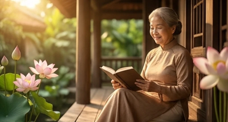 Người phụ nữ lớn tuổi mỉm cười an nhàn đọc sách bên hiên nhà ngập tràn ánh nắng