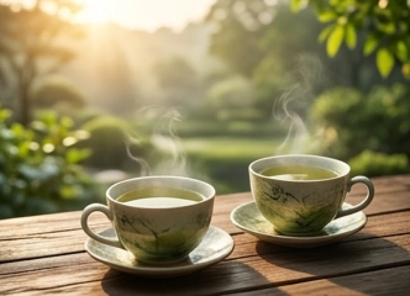 Tử Vi Tuổi Sửu Trọn Đời: Phân Tích Nam Nữ Mạng & 5 Nạp Âm 7 Hai tách trà nóng đặt trên bàn gỗ ngoài vườn tĩnh lặng tượng trưng cho tuổi già an nhàn