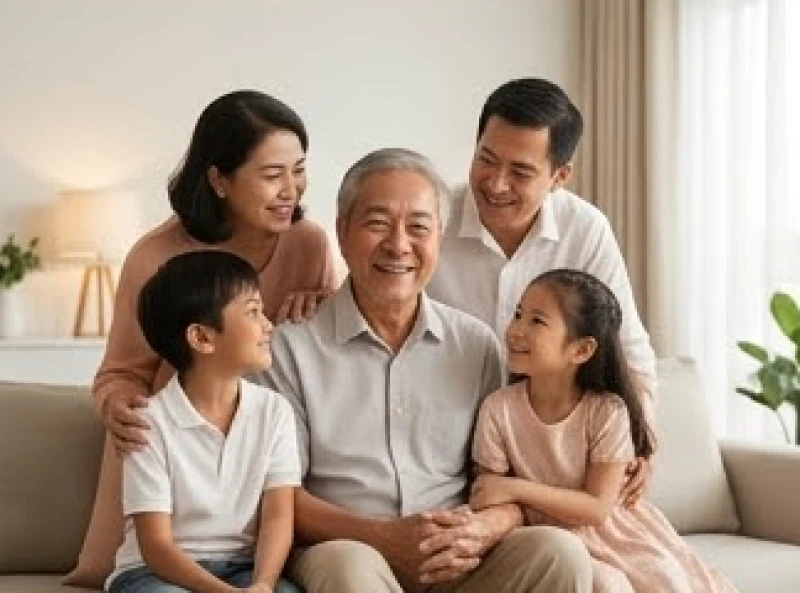 Tử vi trọn đời tuổi Tân Mùi 1991 nam mạng: Mốc 30-40 tuổi 8 Gia đình đa thế hệ quây quần vui vẻ bên nhau trong phòng khách ấm cúng tràn ngập ánh sáng