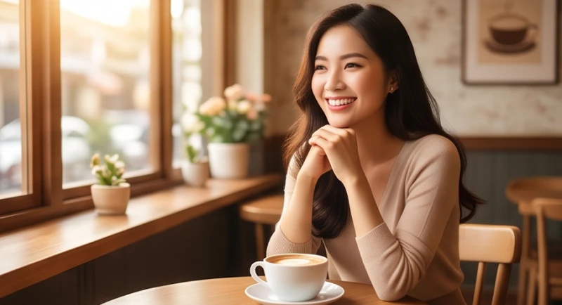 Tình duyên tuổi Mùi năm 2026: Chi tiết từng tuổi và lịch cưới 5 Một cô gái trẻ ngồi mỉm cười rạng rỡ bên ly cà phê trong một buổi hẹn hò lãng mạn