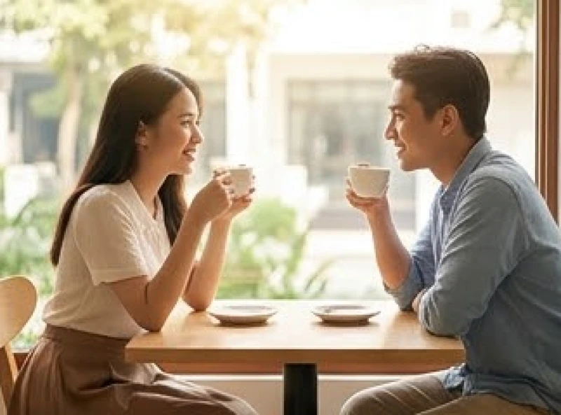 Tình duyên tuổi Hợi năm 2027: Lộ trình 12 tháng và phong thủy 2 Hai người trẻ ngồi trò chuyện cởi mở tại một quán cà phê ngập tràn ánh sáng tự nhiên