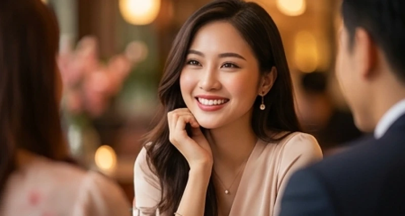 Cô gái trẻ xinh đẹp đang rạng rỡ tận hưởng buổi hẹn hò lãng mạn tại một quán cà phê sang trọng