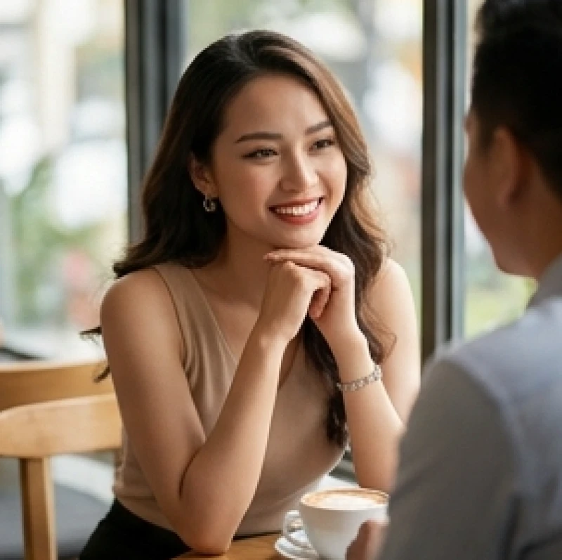 Cô gái trẻ mỉm cười rạng rỡ khi trò chuyện cùng người yêu trong một buổi hẹn hò cuối tuần thảnh thơi